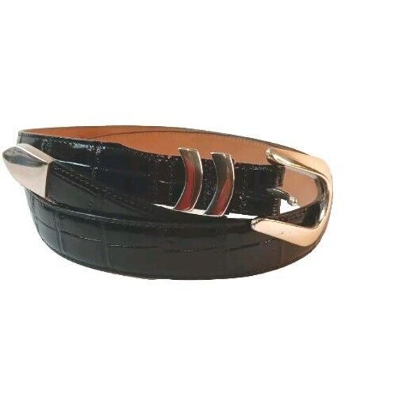 Onyx by Brighton Black Croc Embossed Leather Men’s Belt Silver Buckle Size 48 - Picture 2 of 16